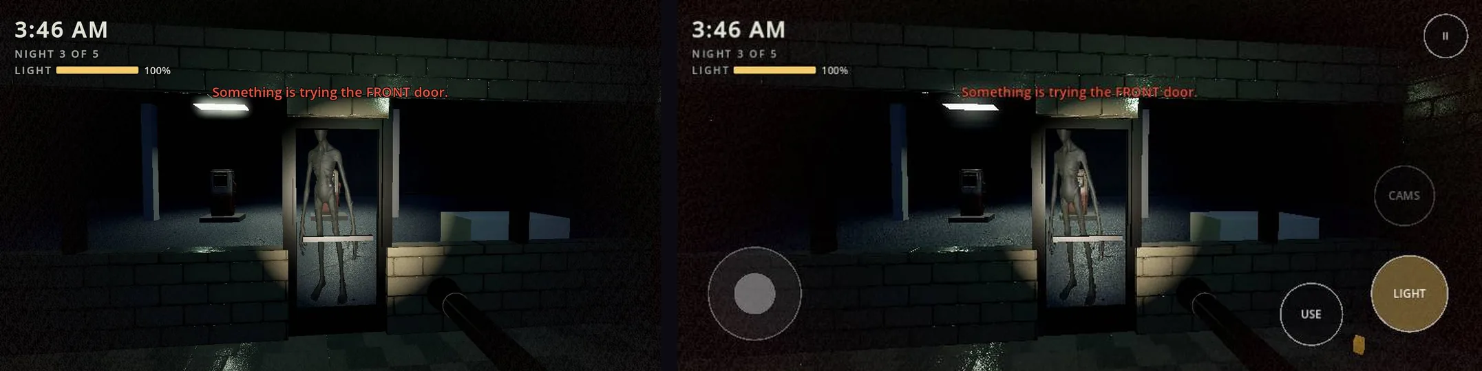 One check_game run of Night Shift: the desktop shot, and a phone held sideways with its touch joystick and buttons. Opus 5.5 checks both before it hands you the link.